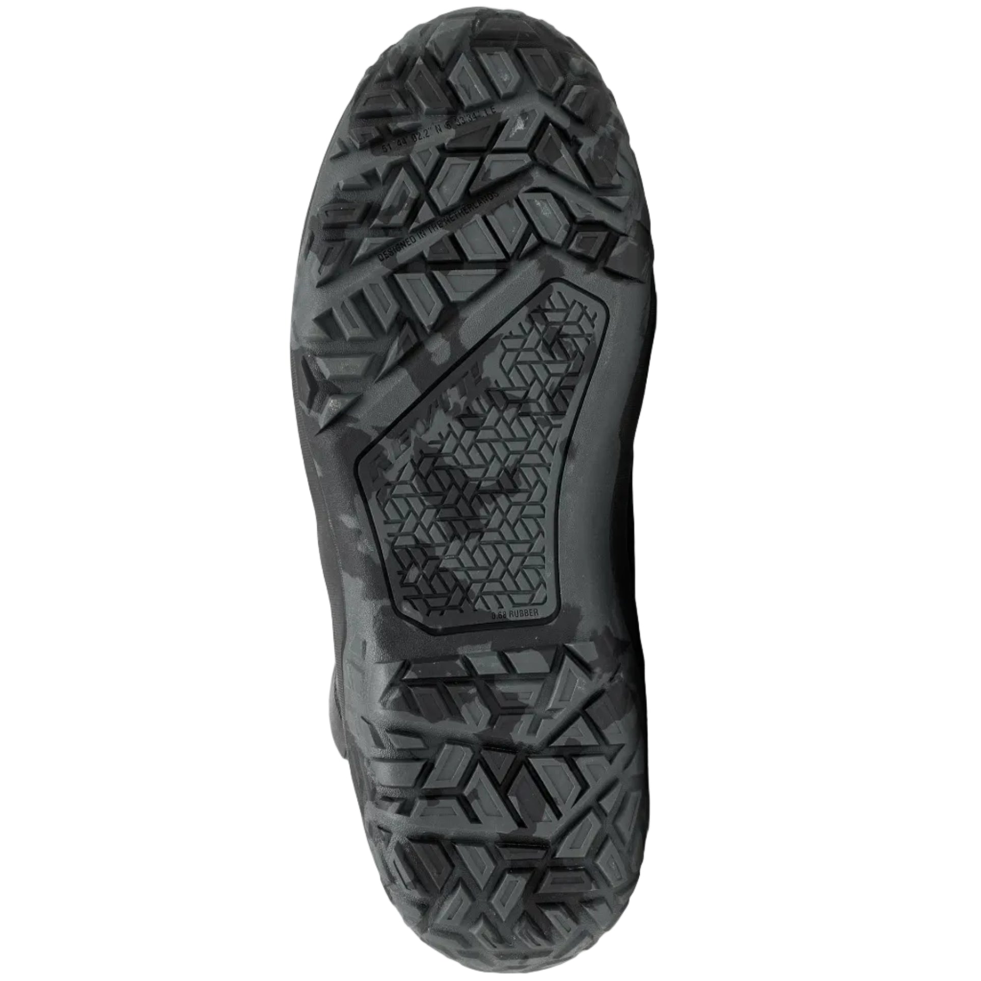 Close-up of a black shoe sole with tread pattern on a white background