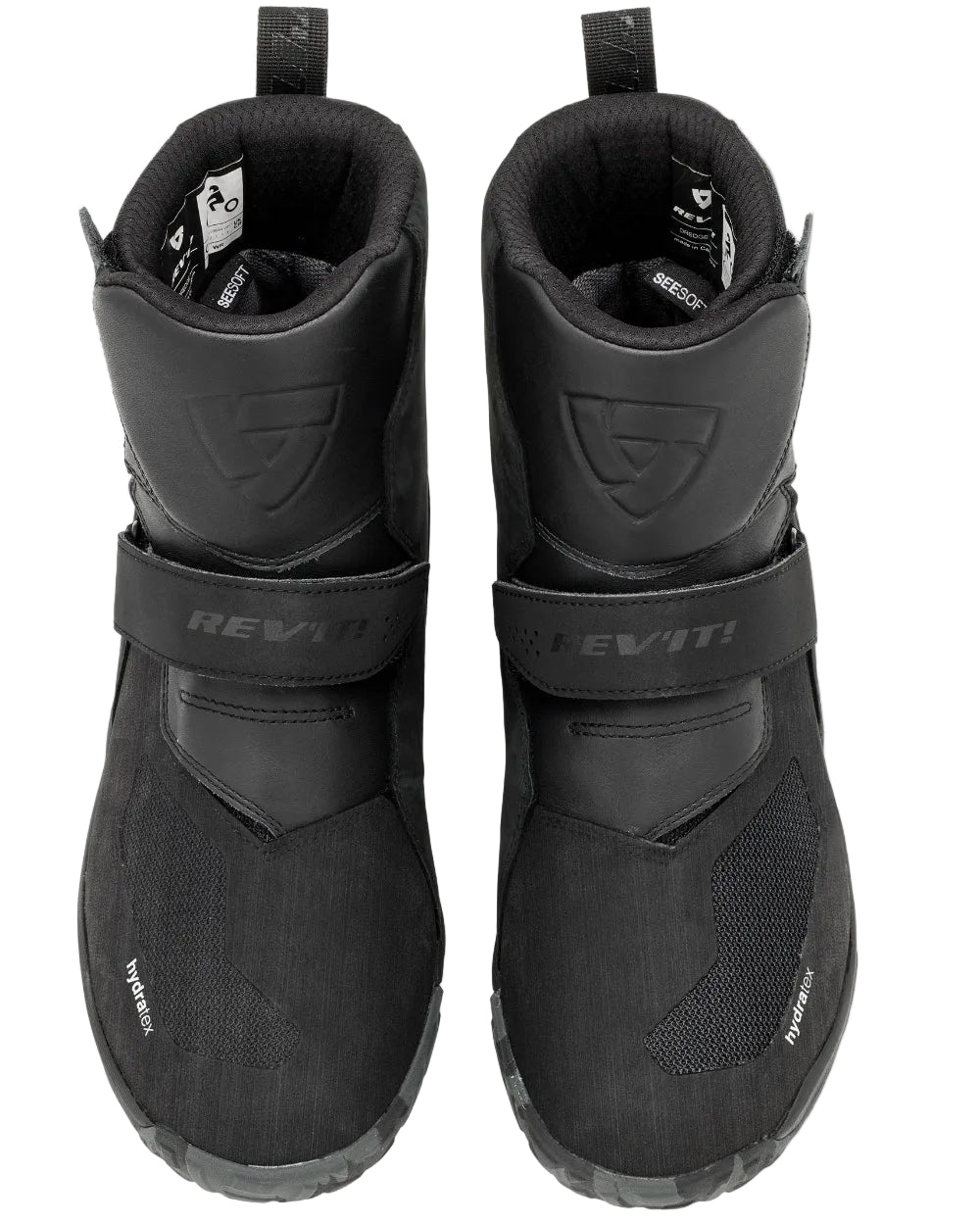 Pair of black boots with brand logo on a light gray background