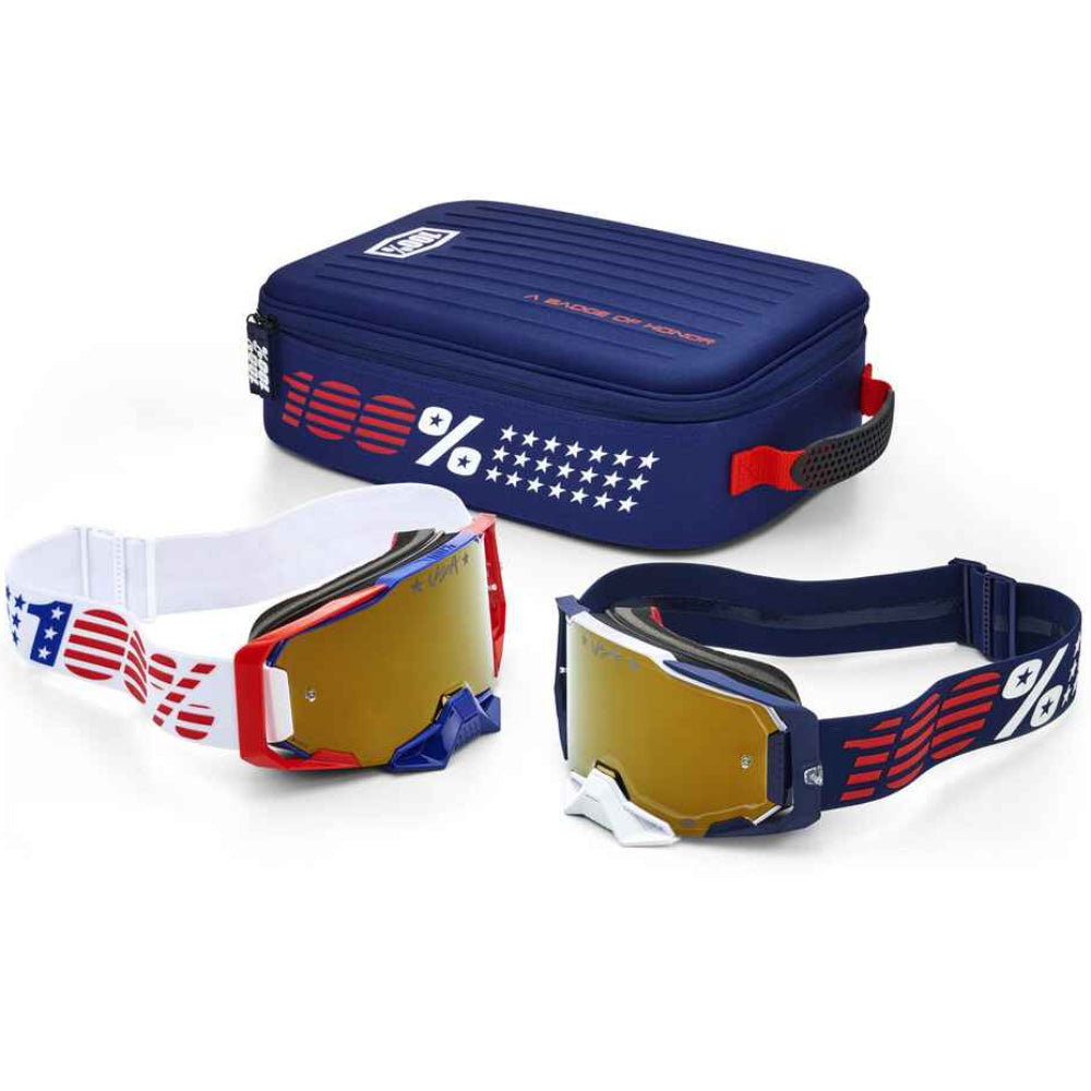 Pair of goggles with American flag design and a blue case on a white background