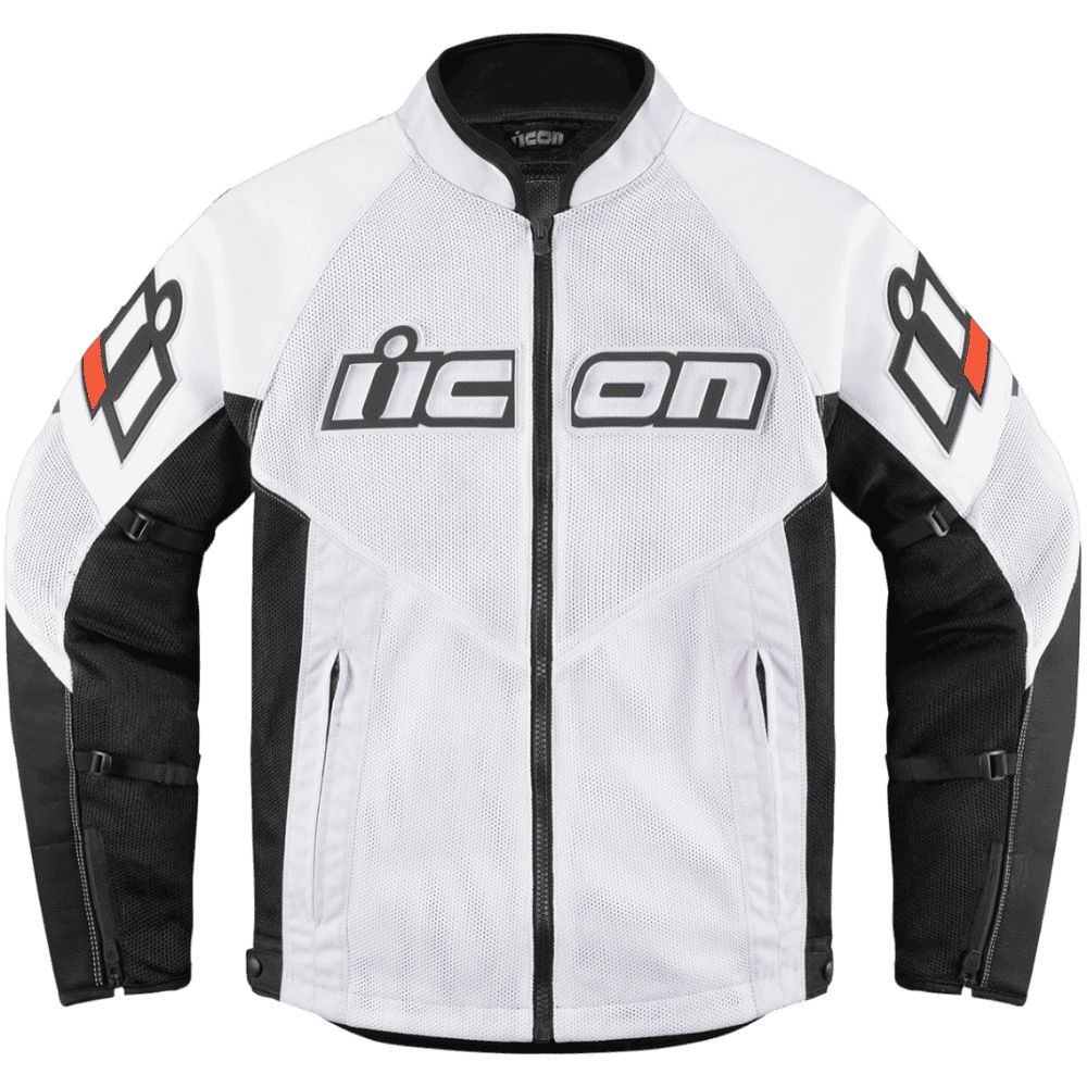 A white and black mesh motorcycle jacket with a full front zipper, featuring the 'icon' logo across the chest and on the sleeves, photographed on a solid white background.