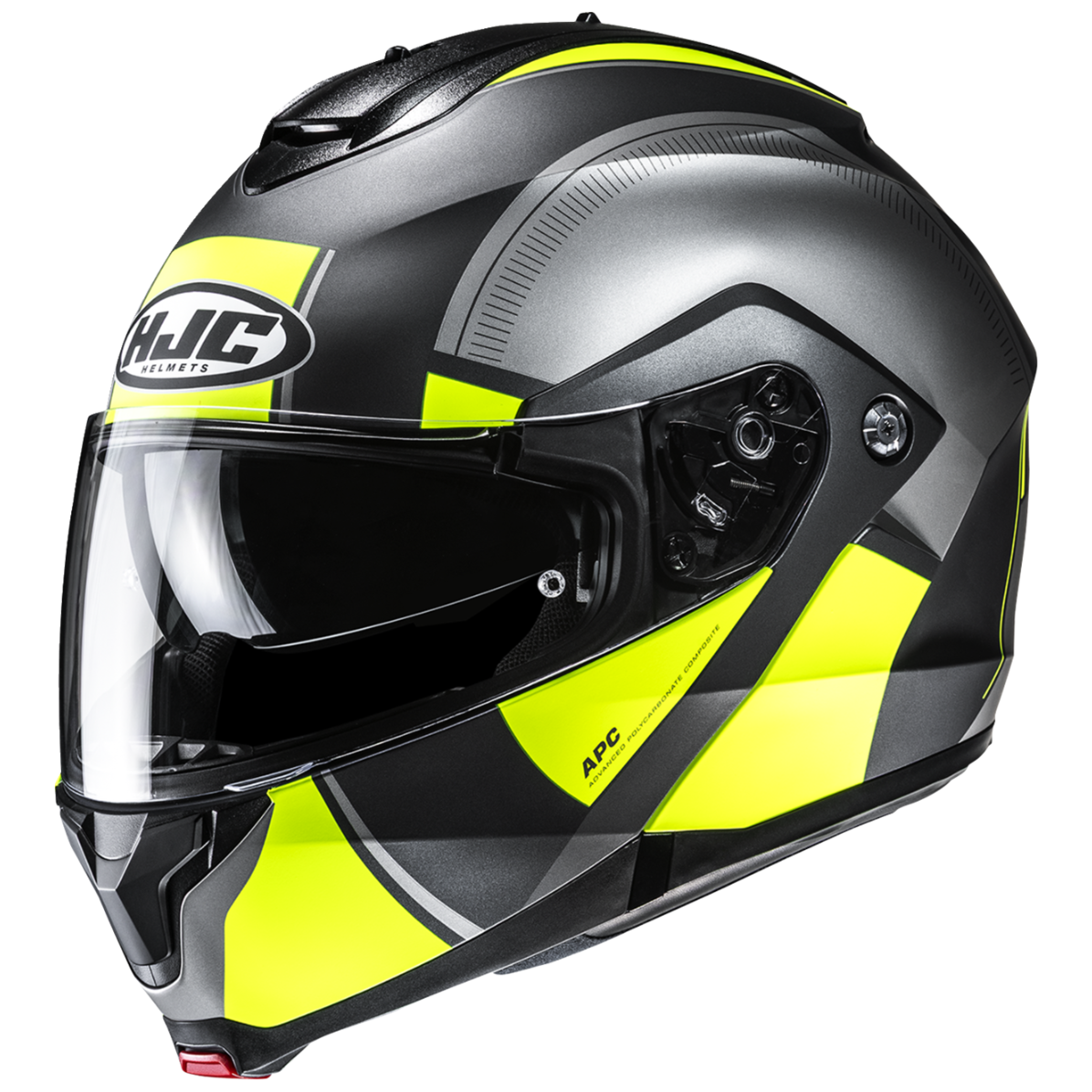 HJC motorcycle helmet with yellow and black design on a white background