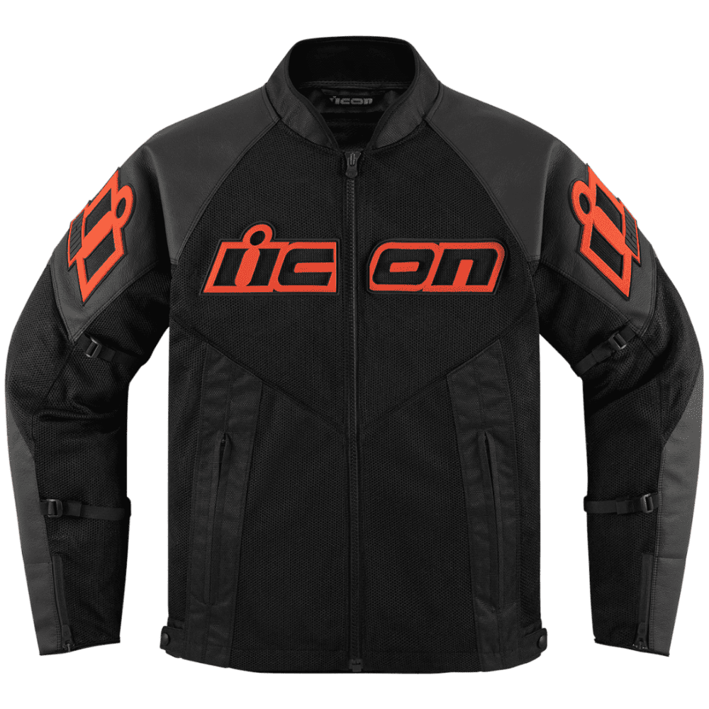 Black motorcycle jacket with orange logos on a transparent background