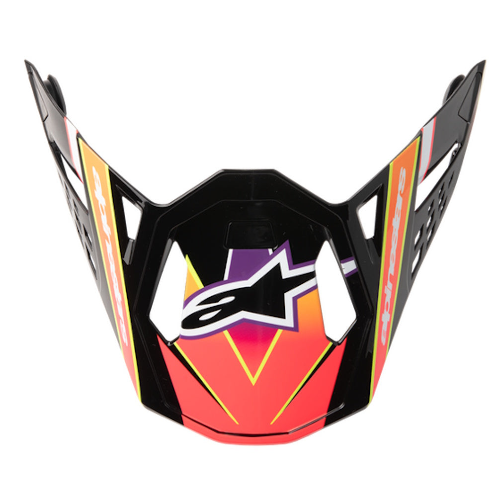 Colorful motorcycle helmet visor with a brand logo on a white background