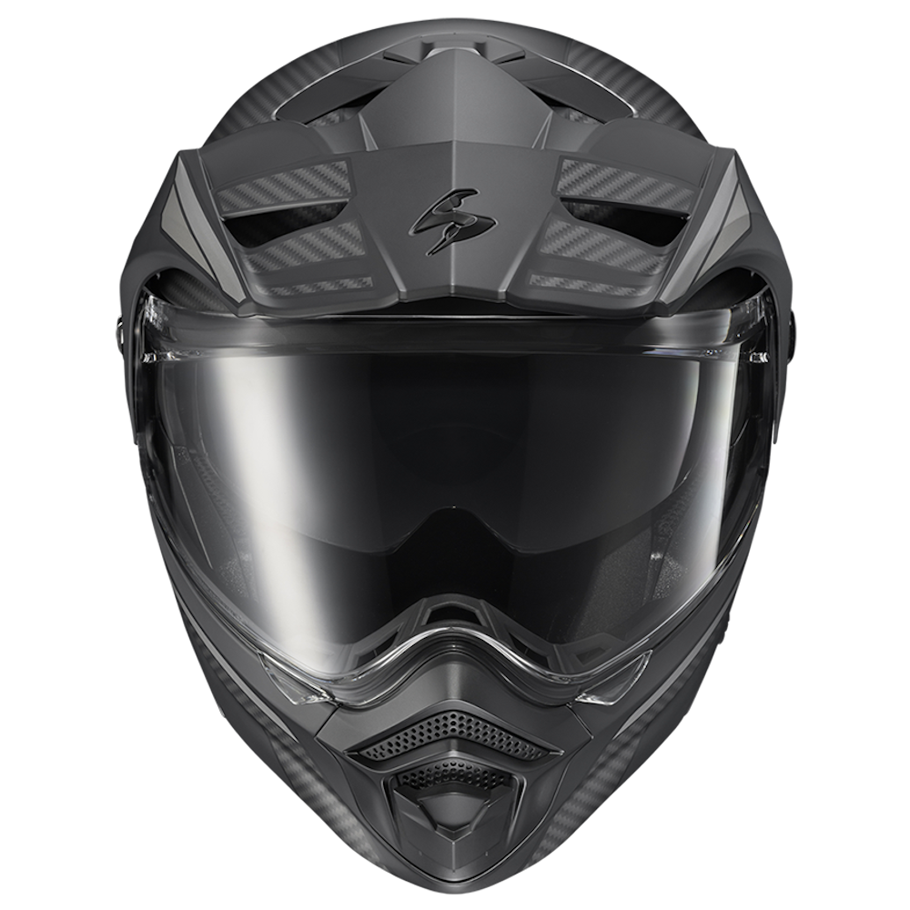 A matte black full-face off-road motorcycle helmet with a clear visor, shown from the front on a solid white background.