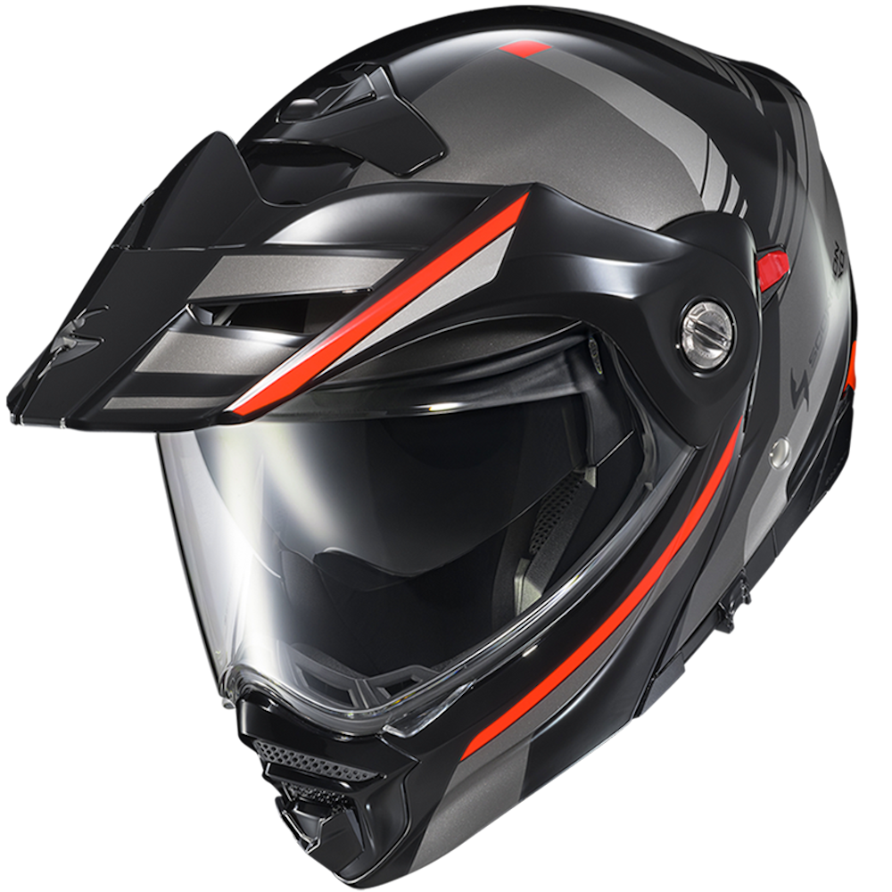 A black full-face motorcycle helmet with a clear visor, featuring red and gray graphic accents on the shell, shown against a plain white background.