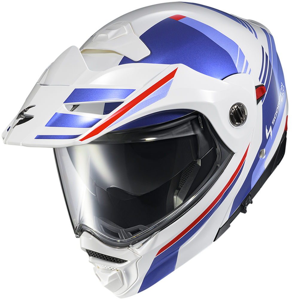 A white full-face motorcycle helmet with blue and red graphic stripes, featuring a clear visor and a matte finish, shown on a solid white background.