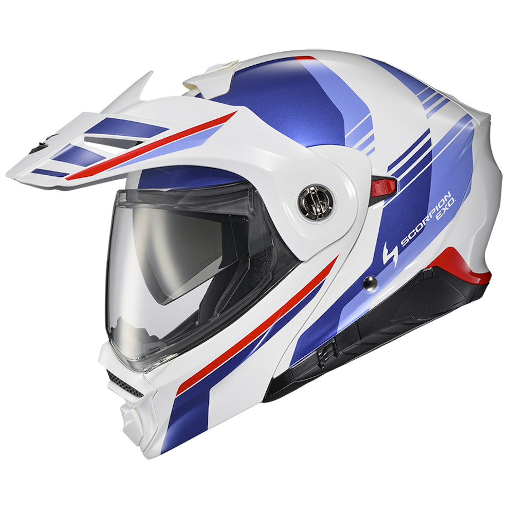 A white full-face motorcycle helmet with blue and red graphic stripes, a clear visor, and 'SCORPION EXO' branding on the side, shown against a plain white background.