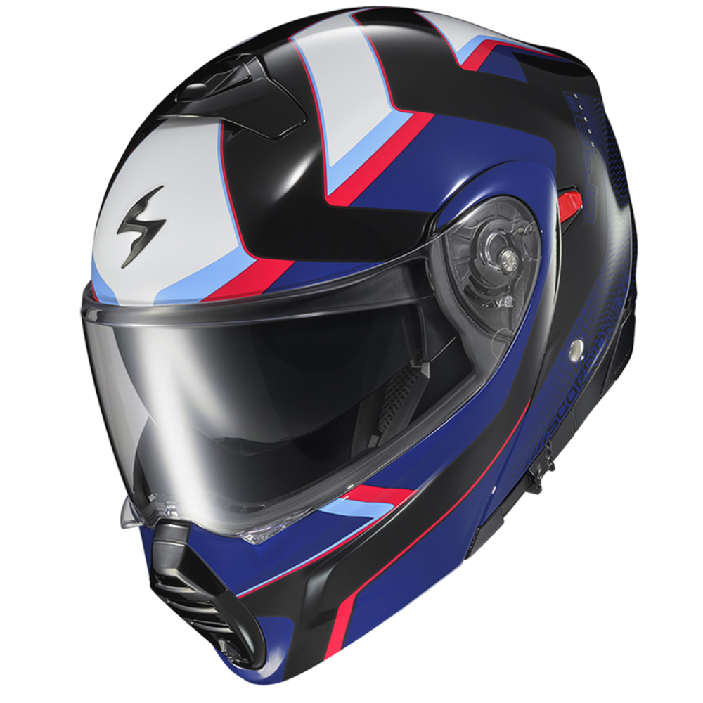 Motorcycle helmet with blue, red, and white design on a transparent background