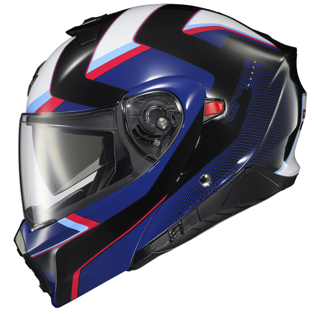 Motorcycle helmet with blue, red, and white design on a black background