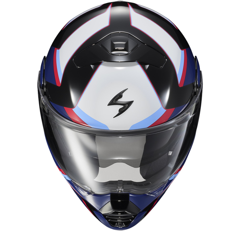 A full-face motorcycle helmet with a glossy black, white, blue, and red graphic design, featuring a clear visor and a stylized 'S' logo on the forehead, shown against a plain white background.