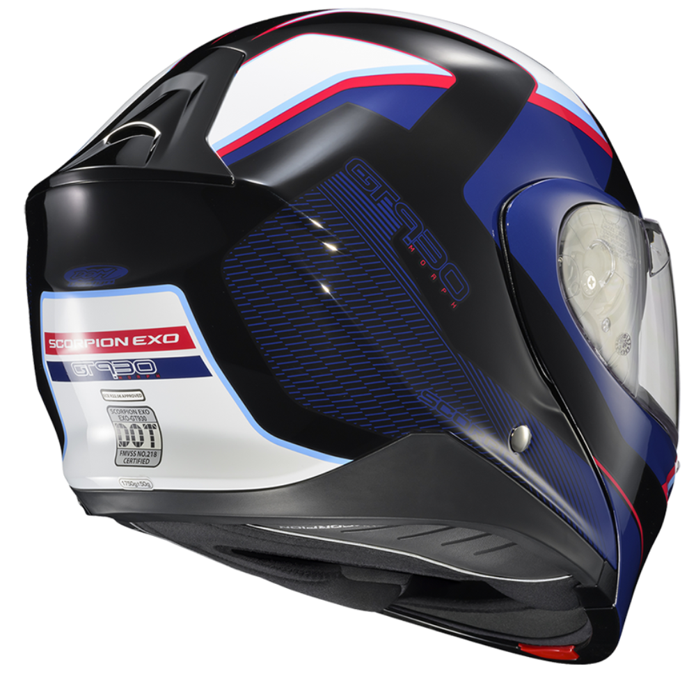A full-face motorcycle helmet in a glossy black, blue, and white color scheme with red accents, shown from a three-quarters rear angle against a plain white background.