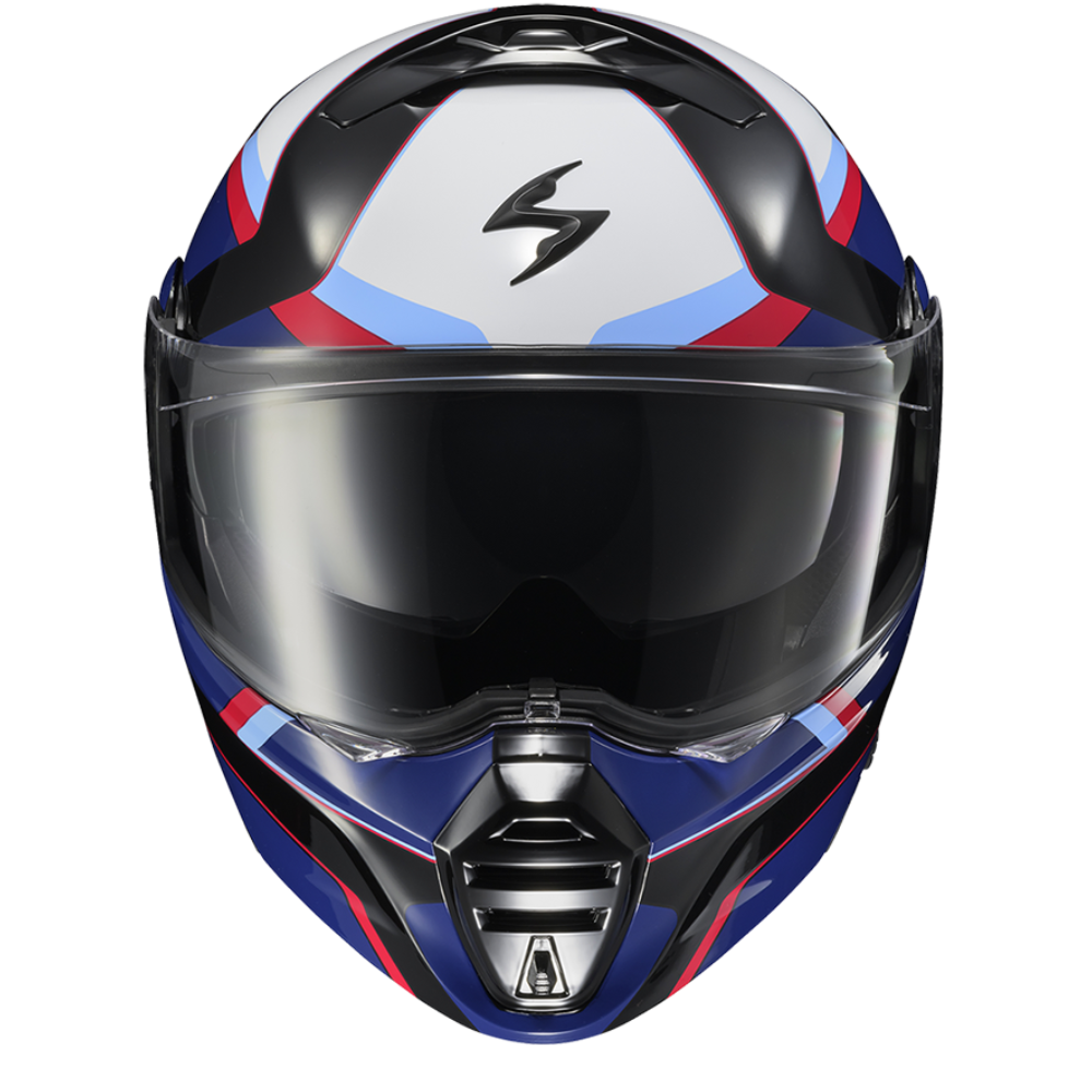A full-face motorcycle helmet with a glossy black visor and a color-blocked shell featuring blue, white, red, and black sections, shown against a plain white background.