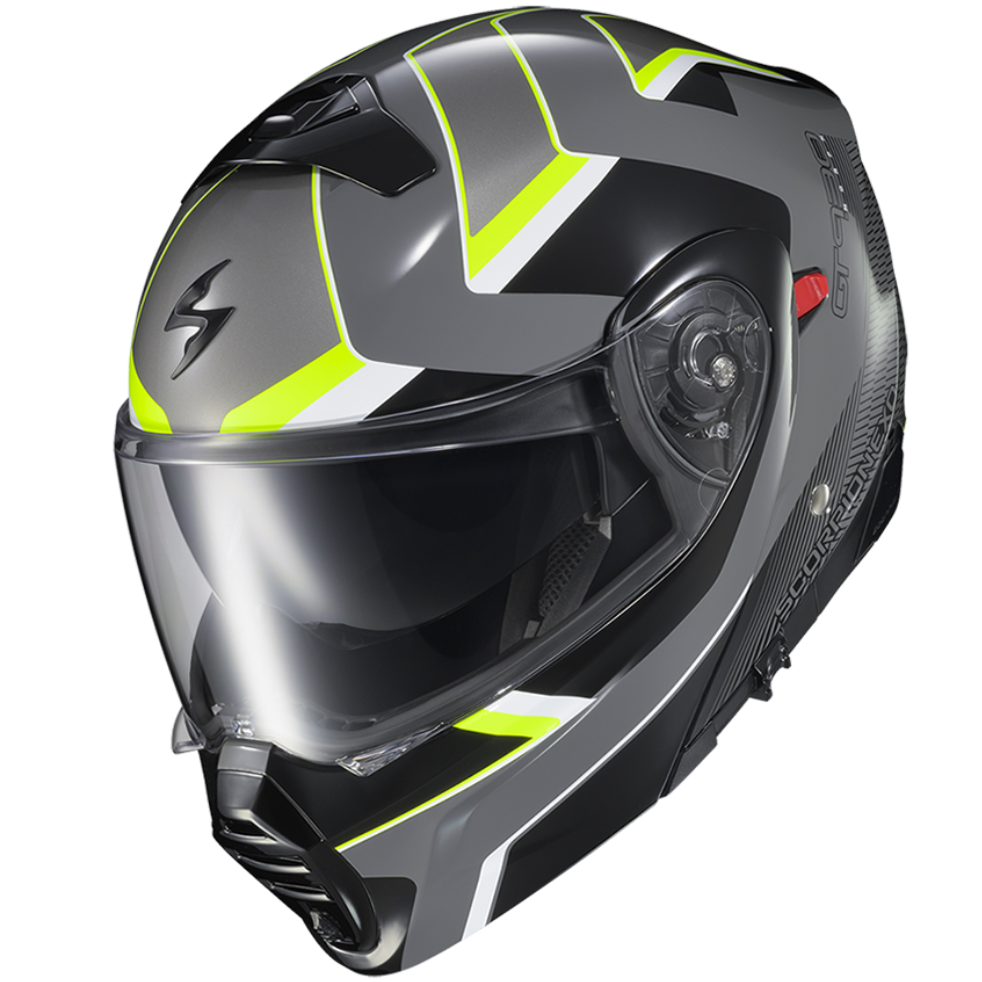 A full-face motorcycle helmet in matte black and dark gray with bright neon yellow-green graphic stripes and a clear visor, shown on a plain white background.