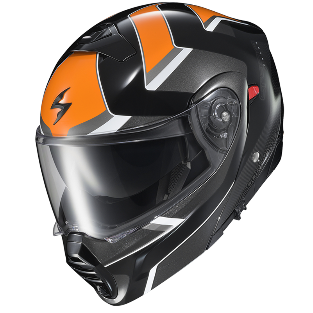 A full-face motorcycle helmet in glossy black with vibrant orange graphic stripes and white accents, featuring a clear visor, shown on a solid white background.