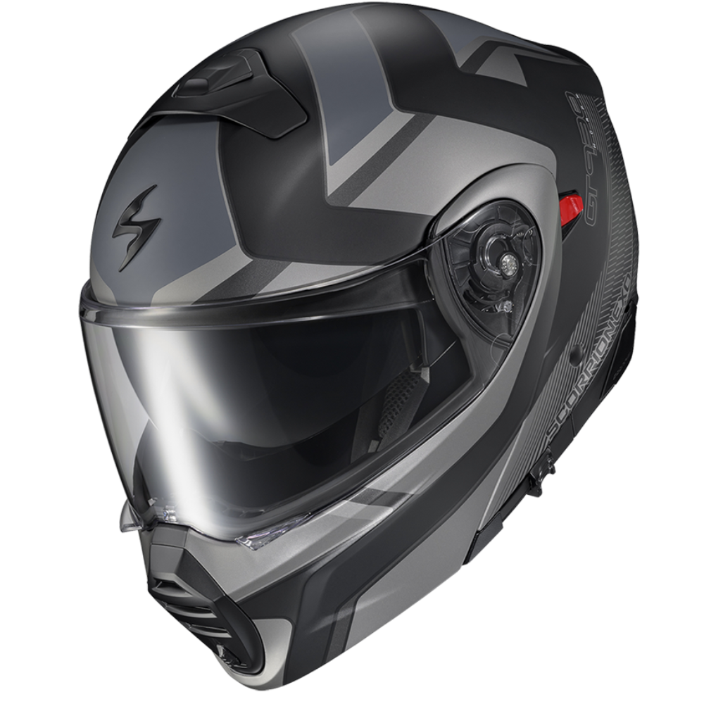 Black and gray motorcycle helmet with a clear visor on a white background