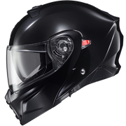 Black motorcycle helmet with clear visor on a white background