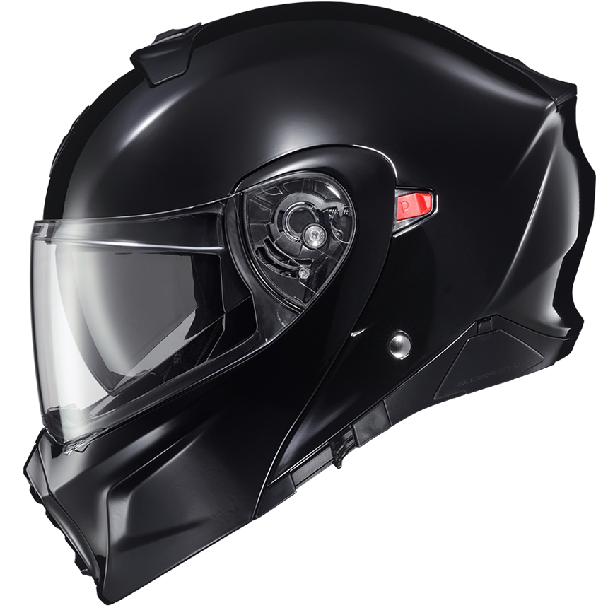 Black motorcycle helmet with clear visor on a white background