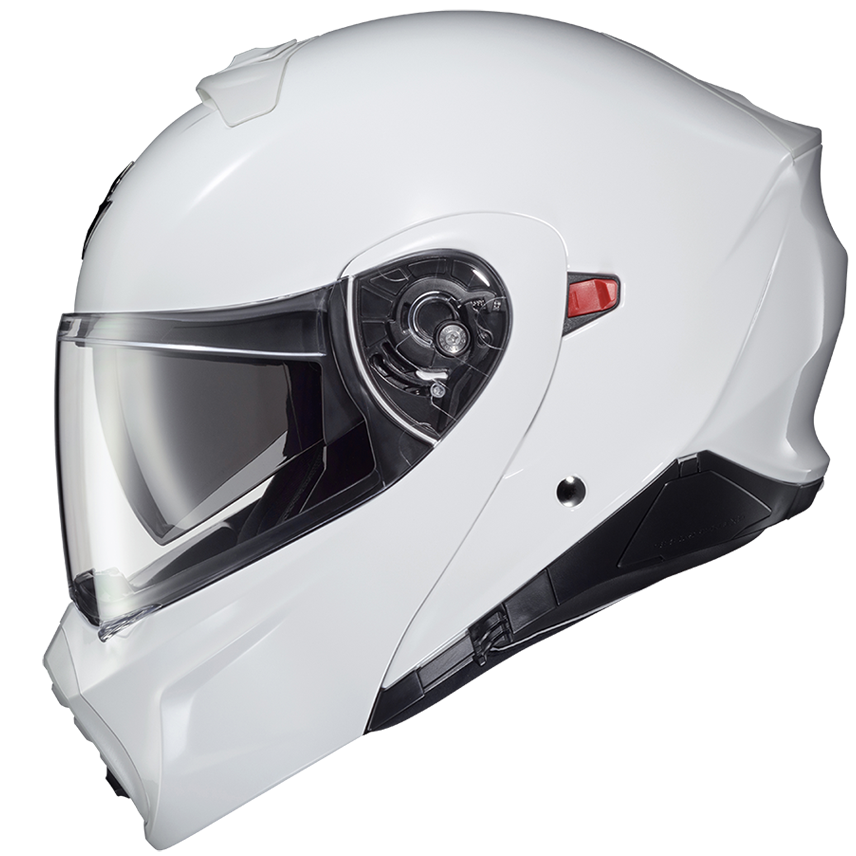 A white full-face motorcycle helmet with a clear visor, shown in a three-quarter side view against a solid white background.