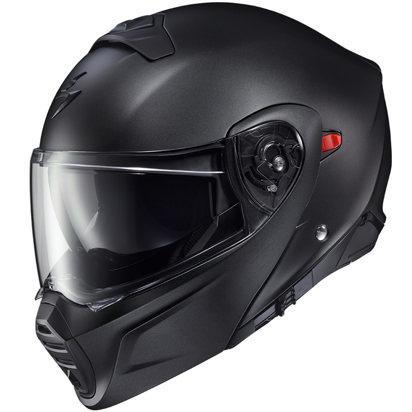 A matte black full-face motorcycle helmet with a clear visor, shown in a three-quarter side view against a solid white background.