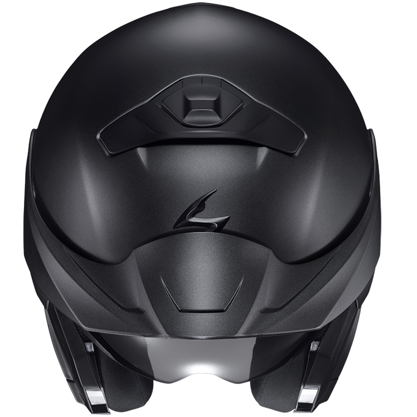 A matte black full-face motorcycle helmet shown from the front against a solid white background.