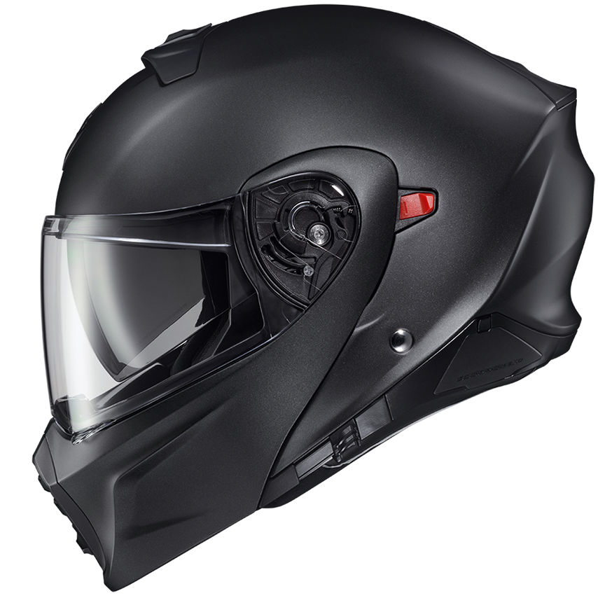A matte black full-face motorcycle helmet with an integrated clear visor, shown in a three-quarter side view on a solid white background.