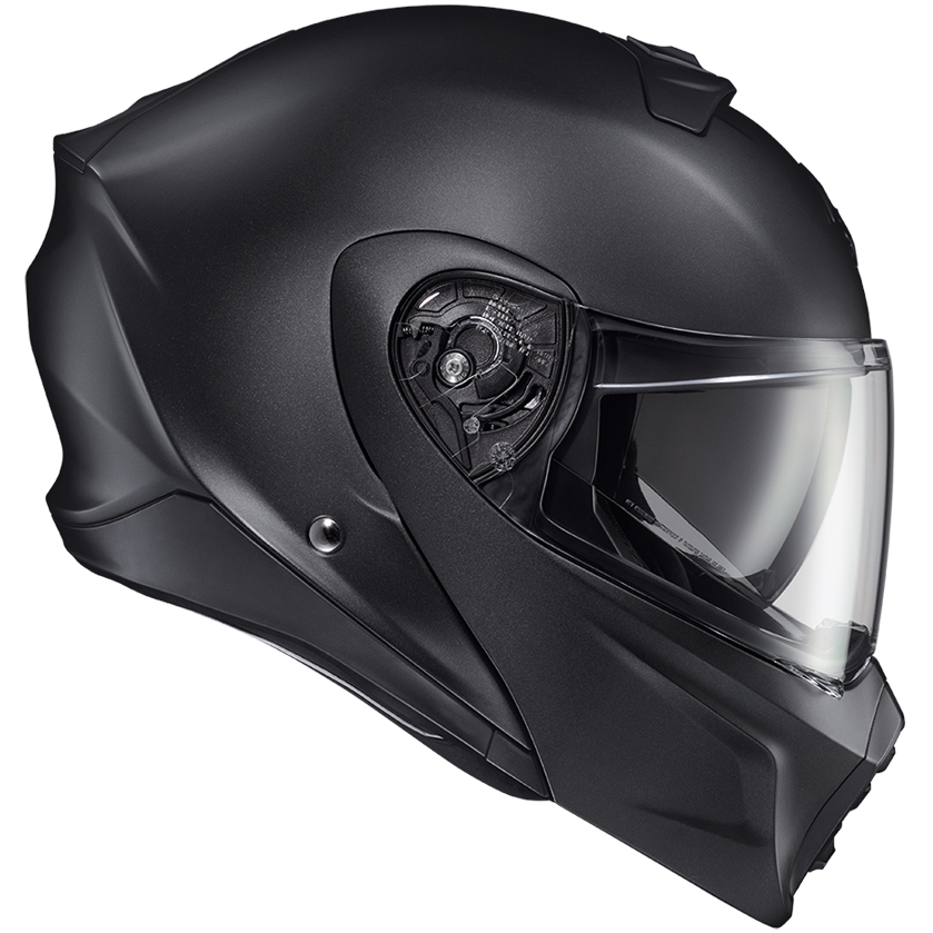 A matte black full-face motorcycle helmet with an integrated clear visor, shown in a three-quarter side profile on a solid white background.