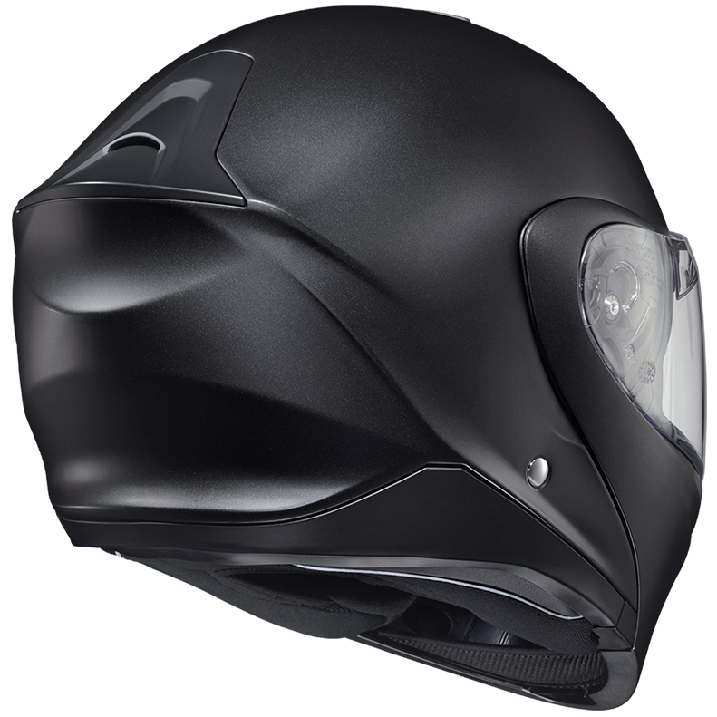 A matte black full-face motorcycle helmet with an integrated visor, shown in a three-quarter side profile on a solid white background.