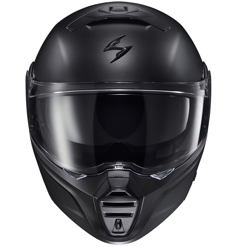 A matte black full-face motorcycle helmet with a dark tinted visor, shown from a front-facing perspective on a solid white background.