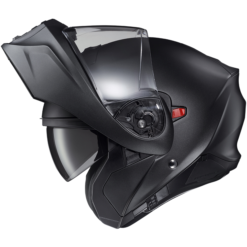 A matte black convertible motorcycle helmet with its flip-up visor partially raised, shown from a three-quarters angle against a solid white background.