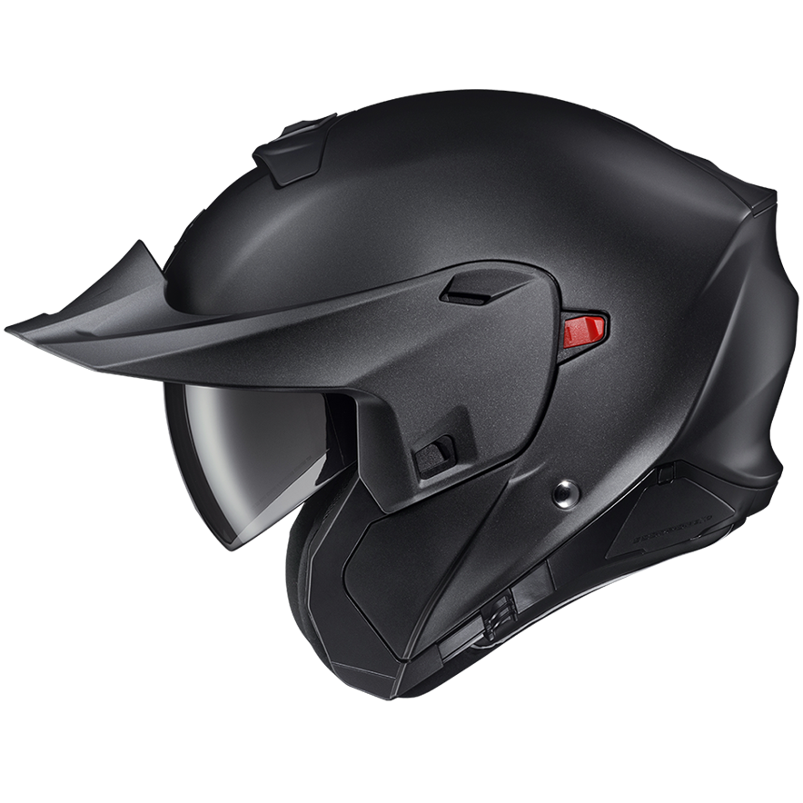 A matte black full-face motorcycle helmet with an integrated visor, shown in a three-quarter side view against a solid white background.