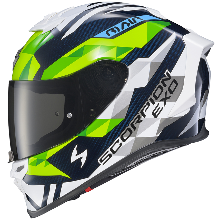 A Scorpion EXO full-face motorcycle helmet in a white, dark navy, and neon green geometric pattern, featuring a dark visor, shown on a plain white background.
