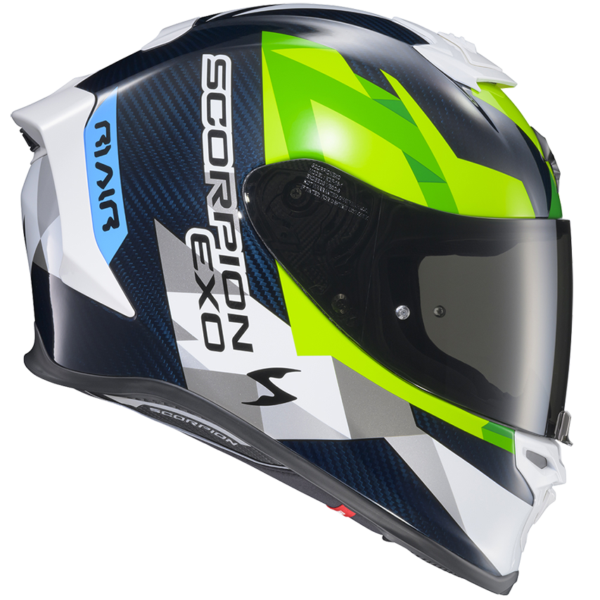 A Scorpion EXO full-face motorcycle helmet in a dark navy blue, white, and neon green colorway, featuring a clear visor, on a solid white background.