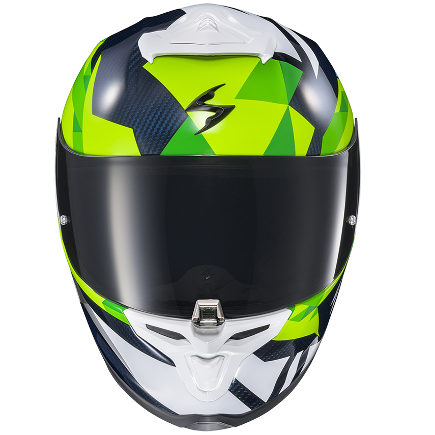 A full-face motorcycle helmet with a geometric pattern in neon green, lime, and dark navy, featuring a black visor and white accents.
