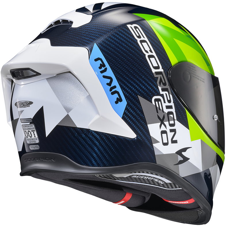A full-face motorcycle helmet in a dark navy blue, white, and lime green color scheme, featuring a carbon fiber texture pattern and the 'SCORPION EXO' branding on the side.