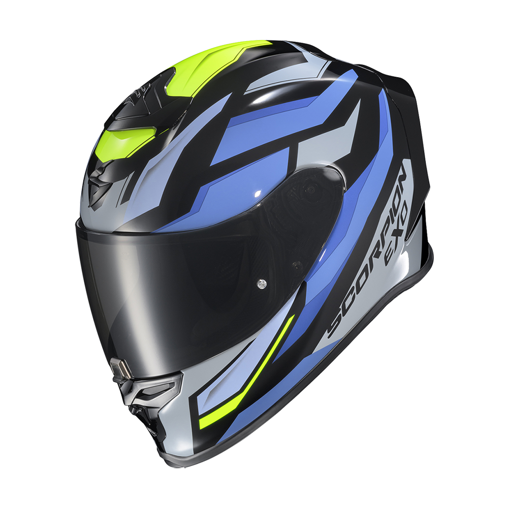 A full-face motorcycle helmet with a glossy black, blue, and silver graphic design, featuring lime green accents and a dark visor. The brand name 'SCORPION' is visible on the side.