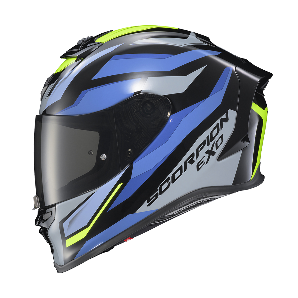 A Scorpion EXO full-face motorcycle helmet in a glossy black, blue, and gray colorway with bright neon yellow-green accents, shown from a three-quarters side angle against a plain white background.