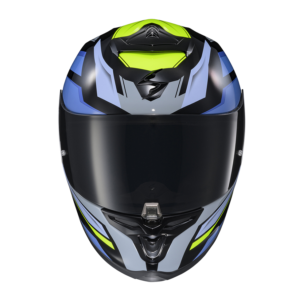 A full-face motorcycle helmet shown from the front on a plain white background. The helmet features a glossy black visor and a shell with a color-blocked design in black, light blue, gray, and bright neon yellow-green accents.