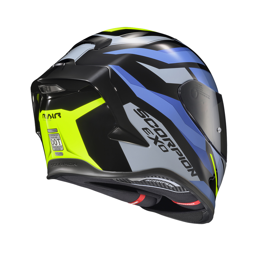 A full-face motorcycle helmet in a black, blue, gray, and neon yellow colorway, shown from a three-quarters angle on a white background. The brand 'Scorpion' is clearly visible on the side of the helmet shell.