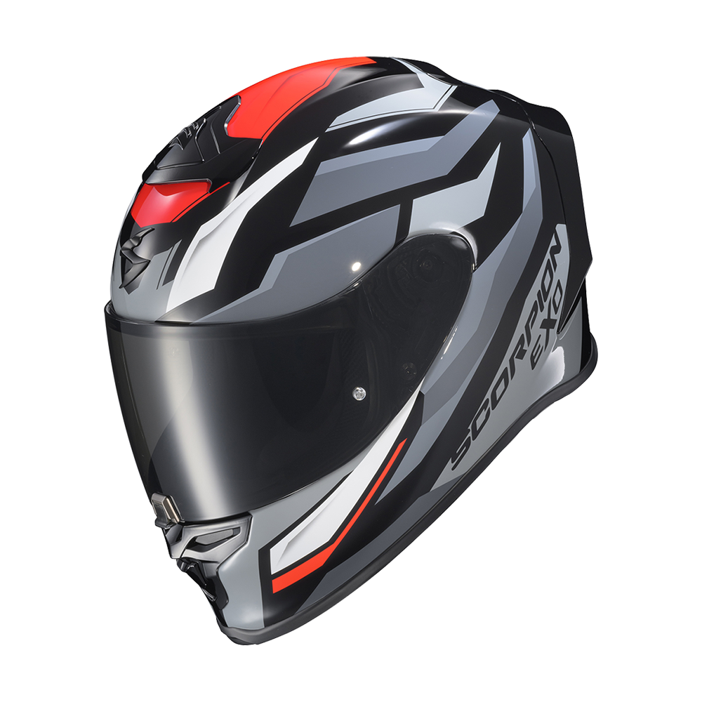 A full-face motorcycle helmet in a glossy black, gray, and white color scheme with red accents, featuring the Scorpion EXO branding on the side.