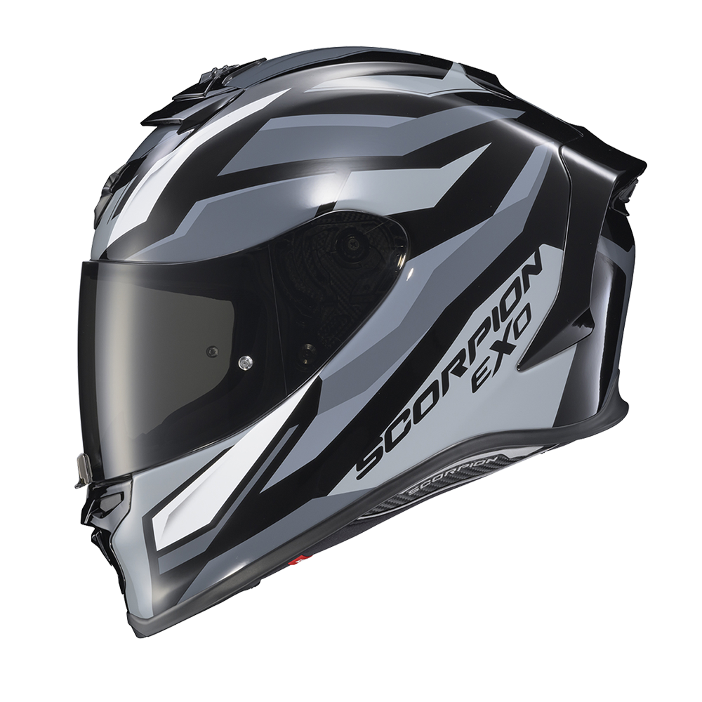 A full-face motorcycle helmet in a glossy black, gray, and white color scheme, featuring the 'SCORPION EXO' branding on the side and a dark visor, shown against a plain white background.