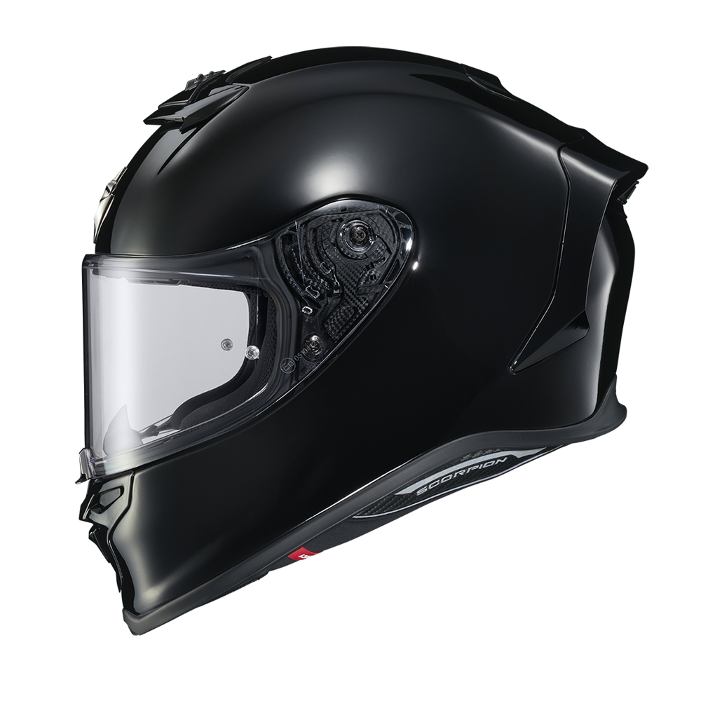 A glossy black full-face motorcycle helmet with a clear visor, shown in a side profile view against a plain white background.