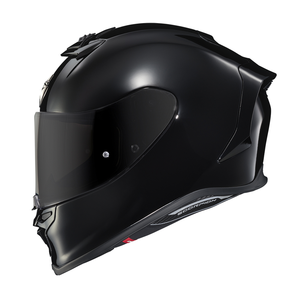 A glossy black full-face motorcycle helmet with a dark visor, shown in a side profile on a plain white background.