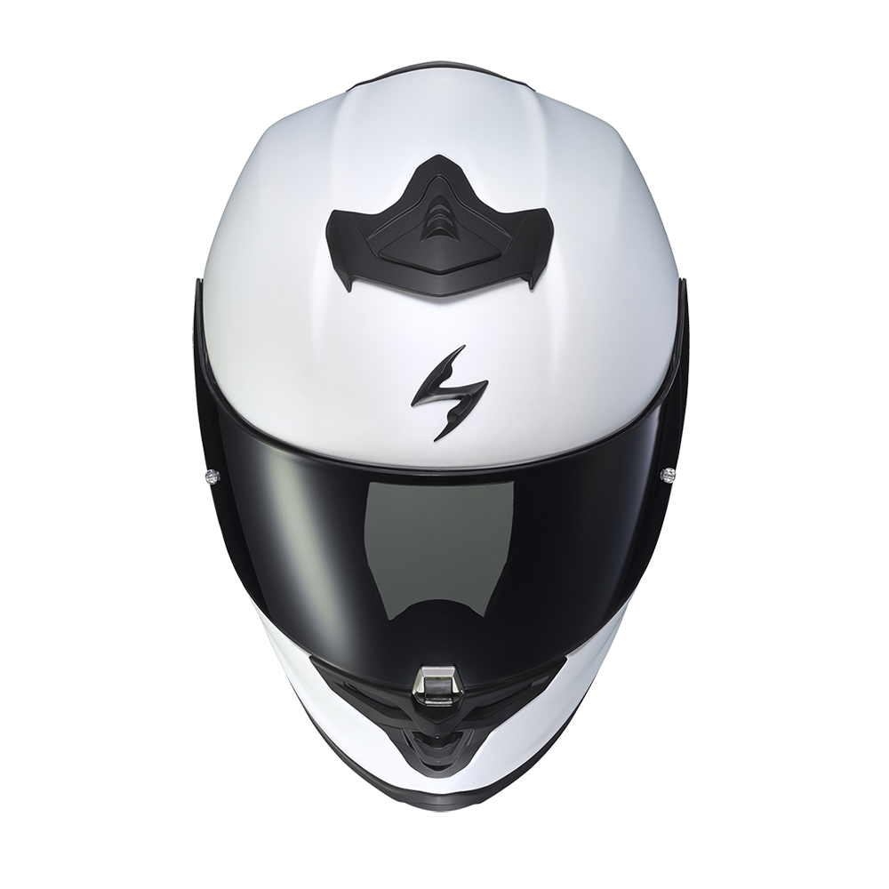 A white full-face motorcycle helmet with a black visor and black chin guard, featuring a stylized black logo on the forehead, shown against a plain white background.