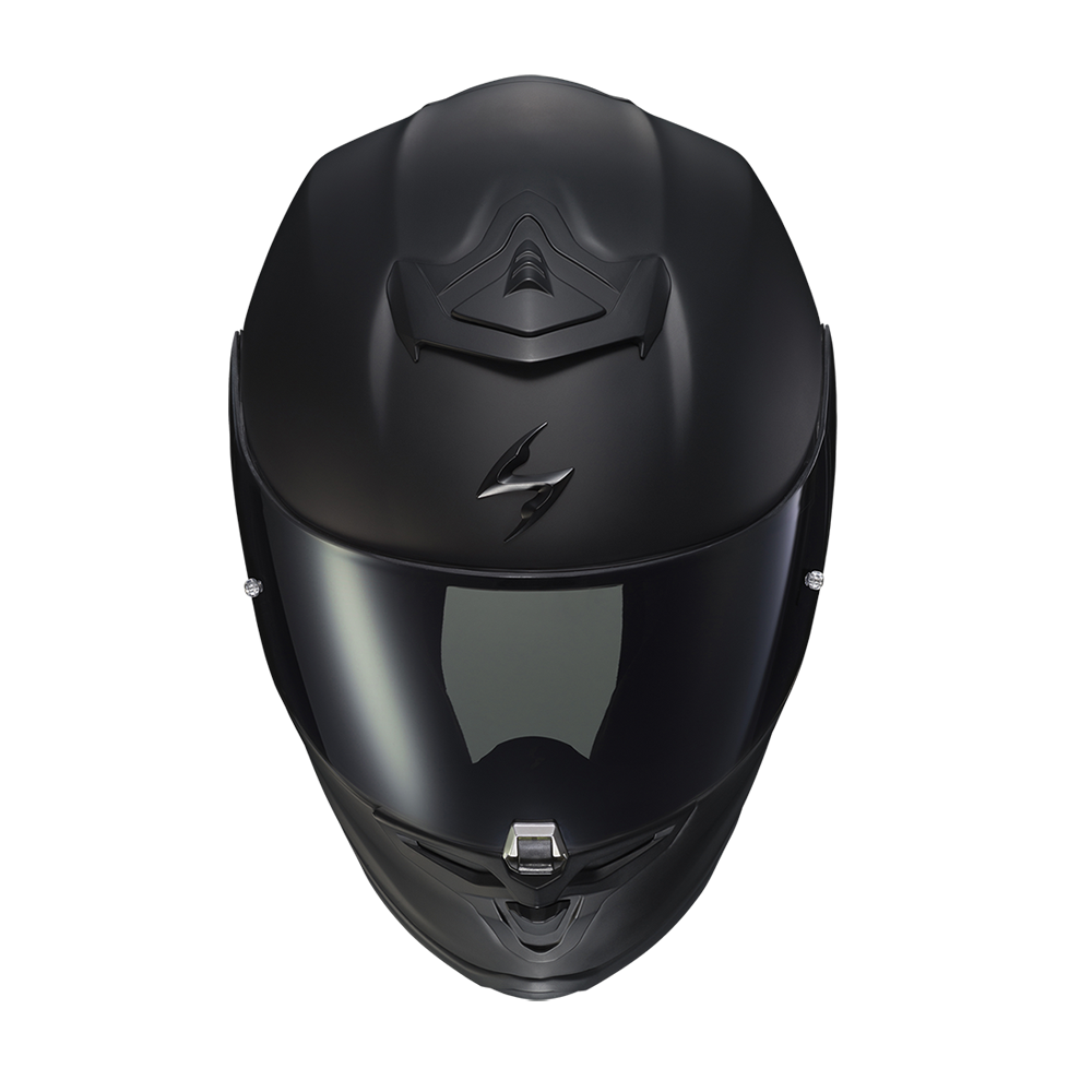 A matte black full-face motorcycle helmet with a dark visor, shown from a top-down perspective on a solid white background. The brand logo is a stylized black lightning bolt on the forehead.