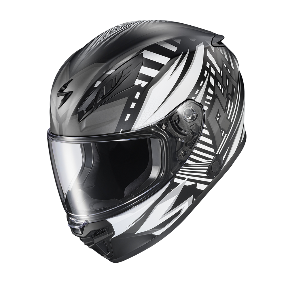 A full-face motorcycle helmet in a glossy black and white graphic design, featuring a clear visor, shown against a plain white background.
