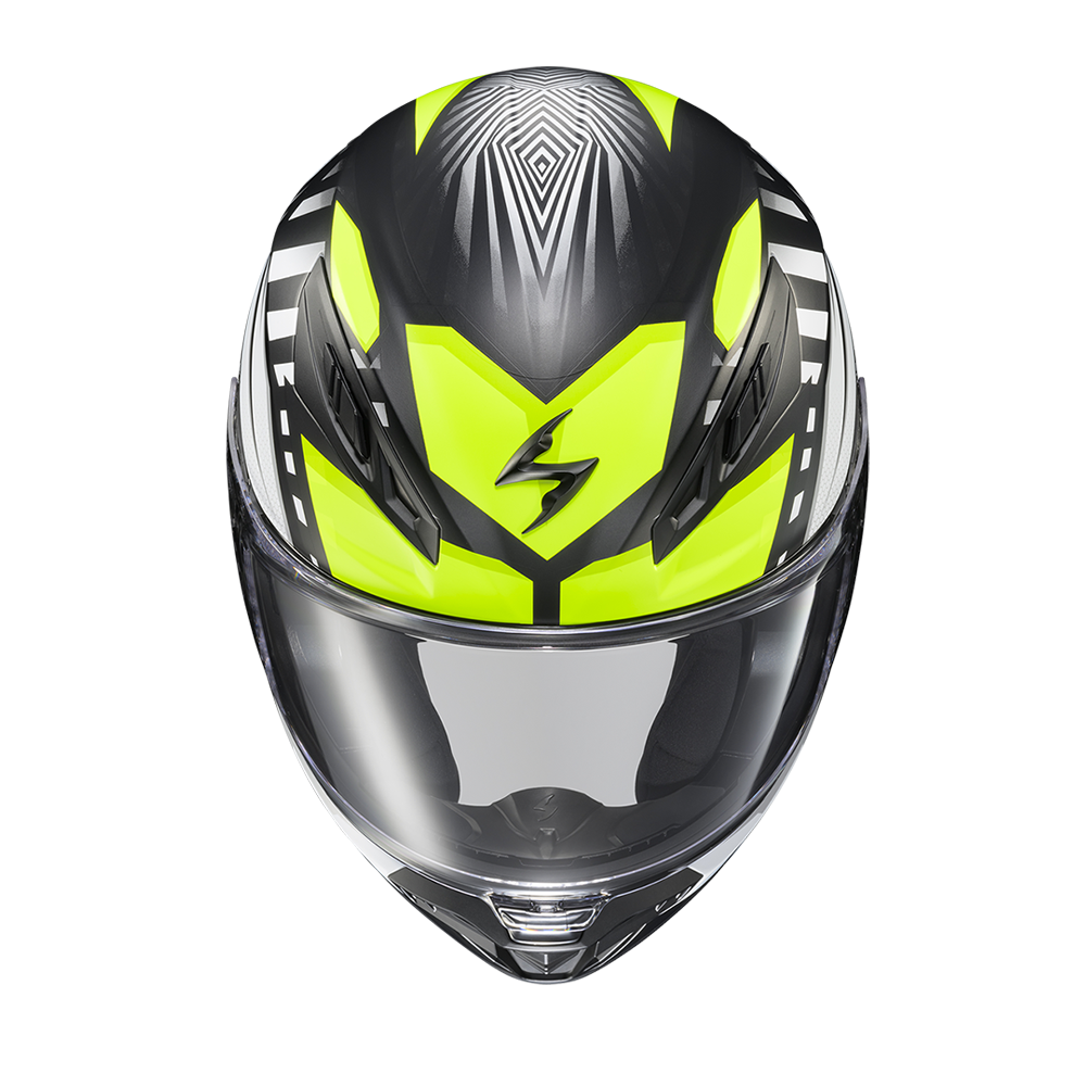A full-face motorcycle helmet with a black and neon yellow-green graphic design and a clear visor, shown on a plain white background.