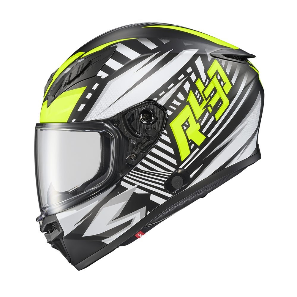 A full-face motorcycle helmet in black, white, and neon yellow, featuring a clear visor and a prominent stylized 'RSI' logo on the side, shown against a plain white background.