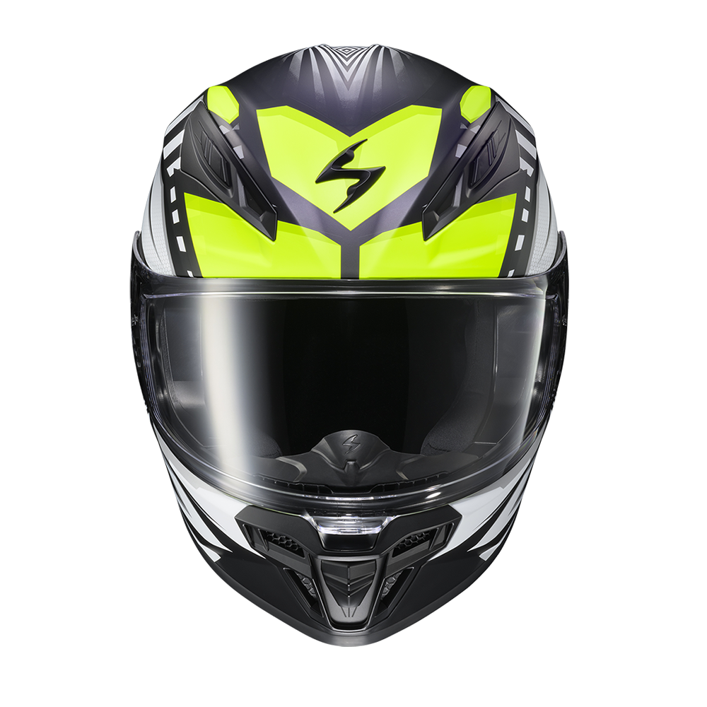 A full-face motorcycle helmet in black, white, and neon yellow, featuring a clear visor and a stylized lightning bolt logo on the forehead, shown against a plain white background.