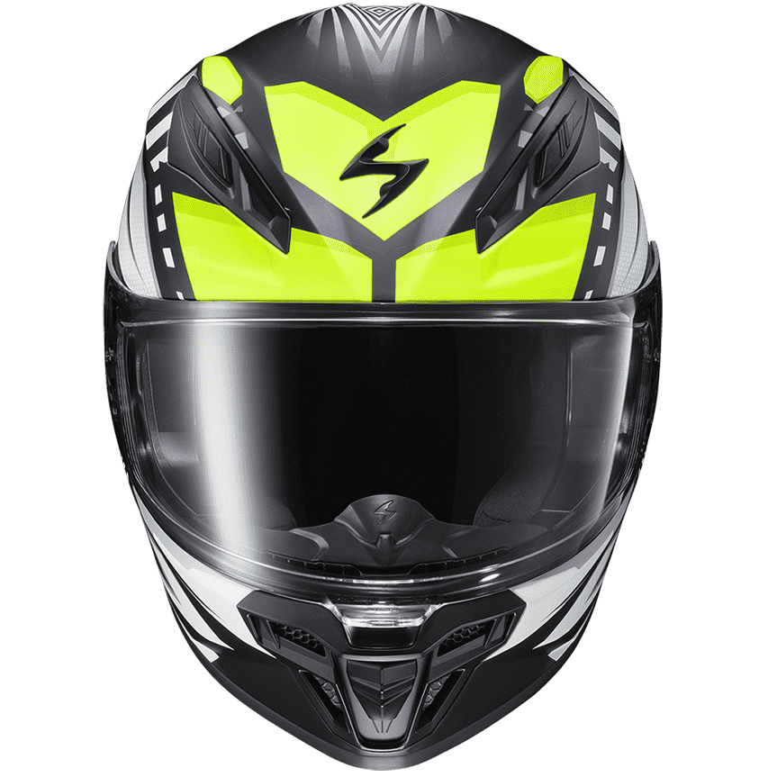 A full-face motorcycle helmet in black, white, and neon yellow, featuring a clear visor and a stylized lightning bolt logo on the forehead, shown against a plain white background.