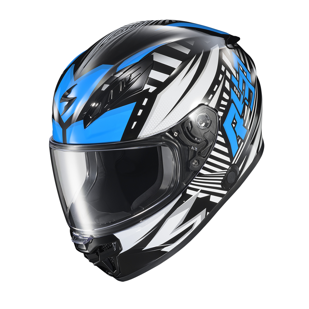 A full-face motorcycle helmet with a glossy black, white, and blue graphic design, featuring a clear visor, shown on a solid white background.